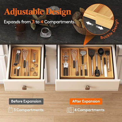 Lifewit Utensil Drawer Organizer, Expendable Cooking Silverware Tray for Kitchen Drawer, Bamboo Adjustable Cutlery Flatware Holder, Spatula Tools and Gadgets Storage Divider, 4 Compartments, Natural