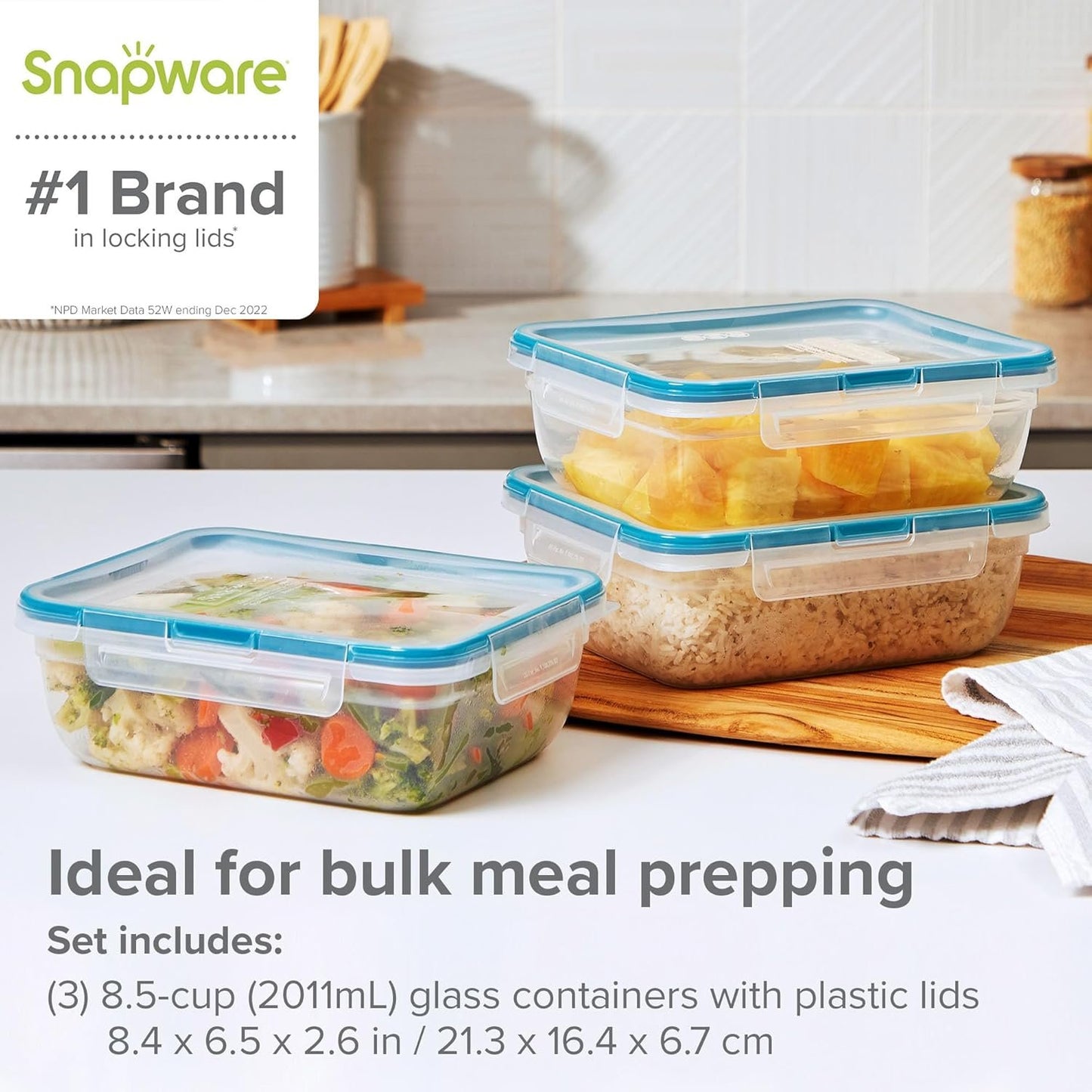 Snapware Total Solution 6 Piece Rectangle Plastic Food Storage Container Value Set, (3 x 8.5 Cup [2L] Containers with 3 x Tab Locking Lids) Opaque