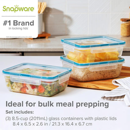 Snapware Total Solution 6 Piece Rectangle Plastic Food Storage Container Value Set, (3 x 8.5 Cup [2L] Containers with 3 x Tab Locking Lids) Opaque
