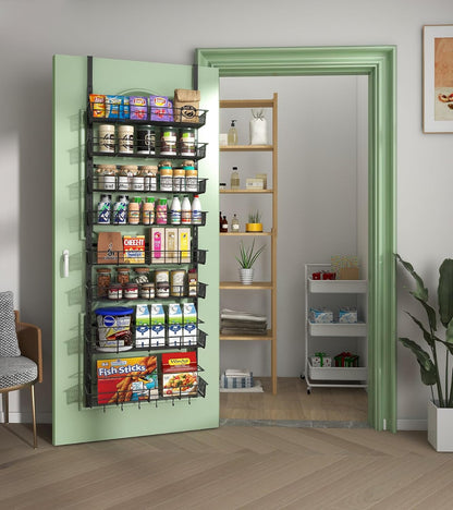 Over The Door Pantry Organizer, Wall Mount Spice Rack, Pantry Hanging Storage and Organization, 8 Adjustable Baskets Heavy-Duty Metal for Home & Kitchen, Back of Door Seasoning Rack - Black
