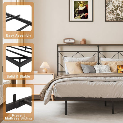 HAUSOURCE Twin Size Floating Bed Frame with Storage Headboard Metal Platform Bed Frame with LED Lights and Charging Station Easy Assembly No Box Spring Needed