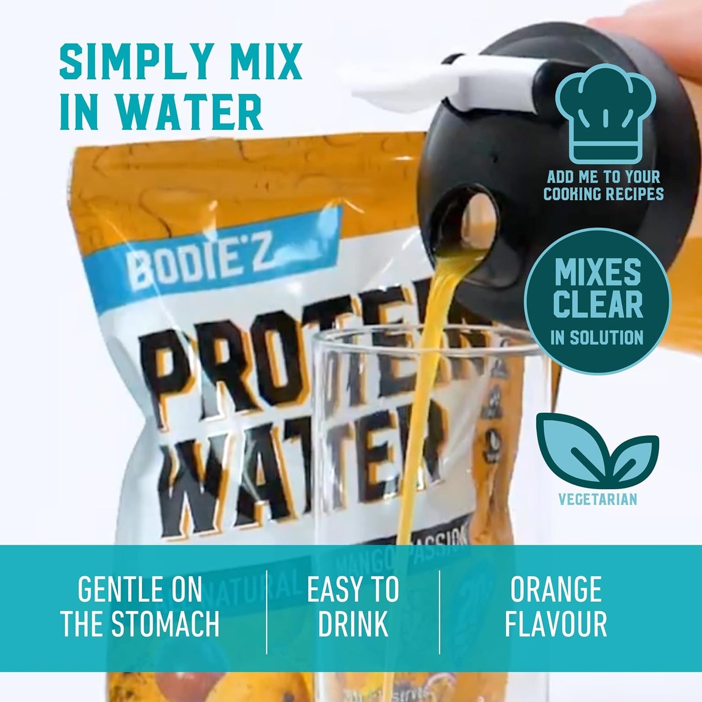 BODIE’Z Whey Protein Water Powder - 20g Protein Per Serve, Less than 1g Sugar Fat and Carbs 11 Vitamins and Minerals, Supplement for Lean Muscle Growth & Recovery, Mix with Water, 290g Mango Passion