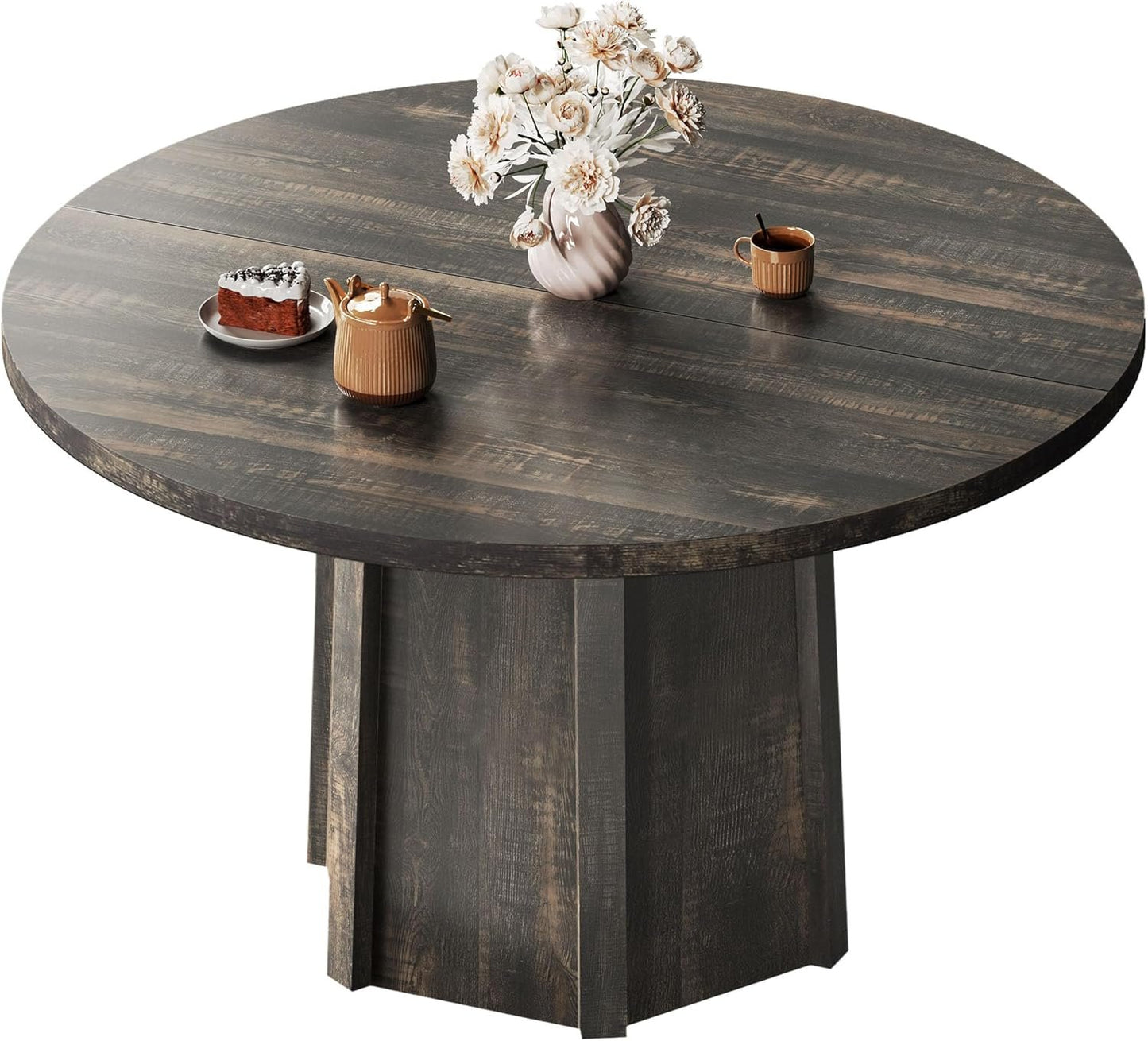 DWVO 47" Round Dining Table for 4-6 People Farmhouse Industrial Dinning Room Table with 1.18" Thickness Wood Grain Tabletop Rustic Circle Dining Table with Hexagonal Base for Eating Dinner Grey