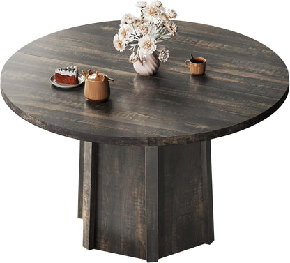 DWVO 47" Round Dining Table for 4-6 People Farmhouse Industrial Dinning Room Table with 1.18" Thickness Wood Grain Tabletop Rustic Circle Dining Table with Hexagonal Base for Eating Dinner Grey