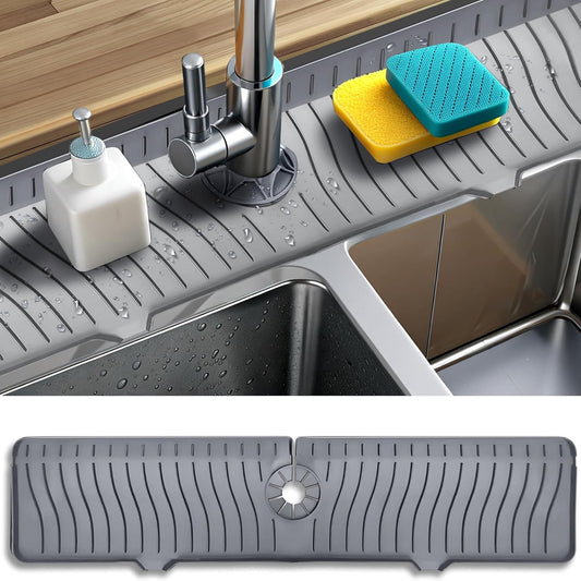 ODRAGO Silicone Kitchen Sink Splash Guard - 24.01 Inch Faucet Mat for Kitchen Sink Water - Longer Faucet Handle Drip Catcher Tray-Sink Guard for Kitchen Sink (Grey)