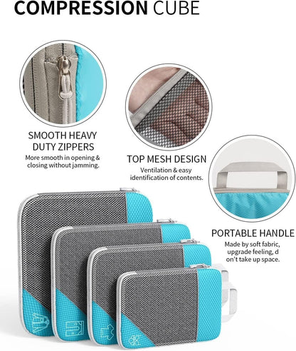 Compression Packing Cubes, Set of 9 Areaphmet Travel Packing Organisers travel packing cubes set Compression Bags for Travel Luggage Organizers for Suitcases Travel Accessories (Skyblue- 9pcs)