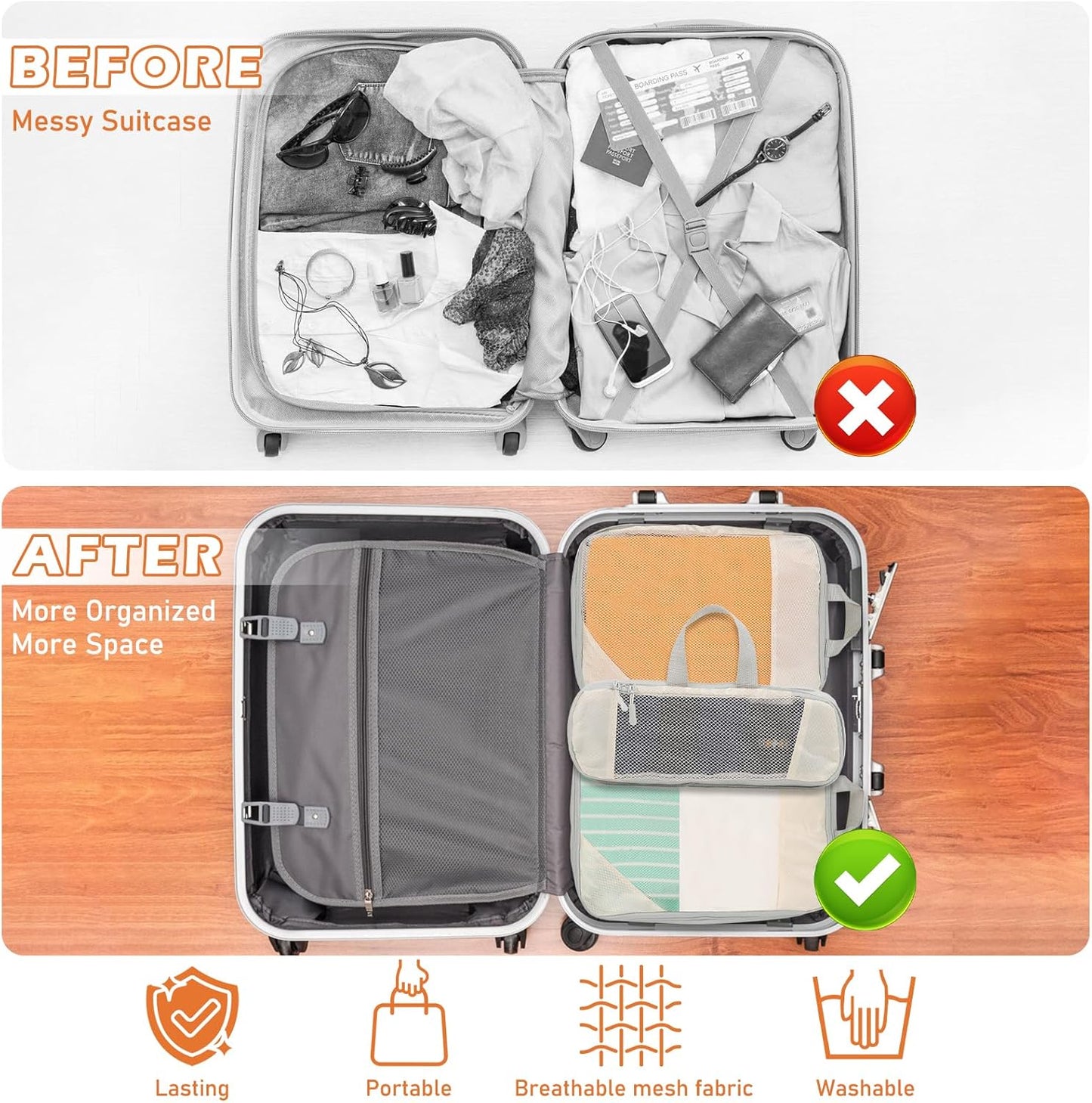 Suitcase Organizer – 8 Pieces Compression Cube Set for Luggage – Lightweight Suitcase Organizer – Travel System with Multiple Compartments, Ideal for Romantic Weekend and Business Travel (Beige)