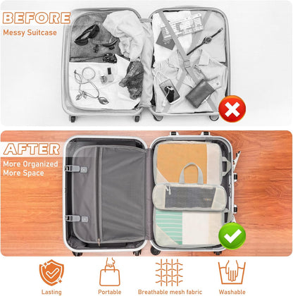 Suitcase Organizer – 8 Pieces Compression Cube Set for Luggage – Lightweight Suitcase Organizer – Travel System with Multiple Compartments, Ideal for Romantic Weekend and Business Travel (Beige)