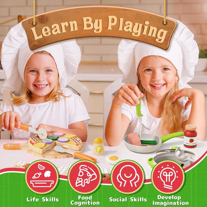 Lehoo Castle Play Food, Pretend Play Toys, 3 Year Old Girl Gifts, Wooden Play Kitchen for Kids Includes Pizza, Pasta, Bacon, Vegetables, Cutlery, Pots and Pans Role Play Toys