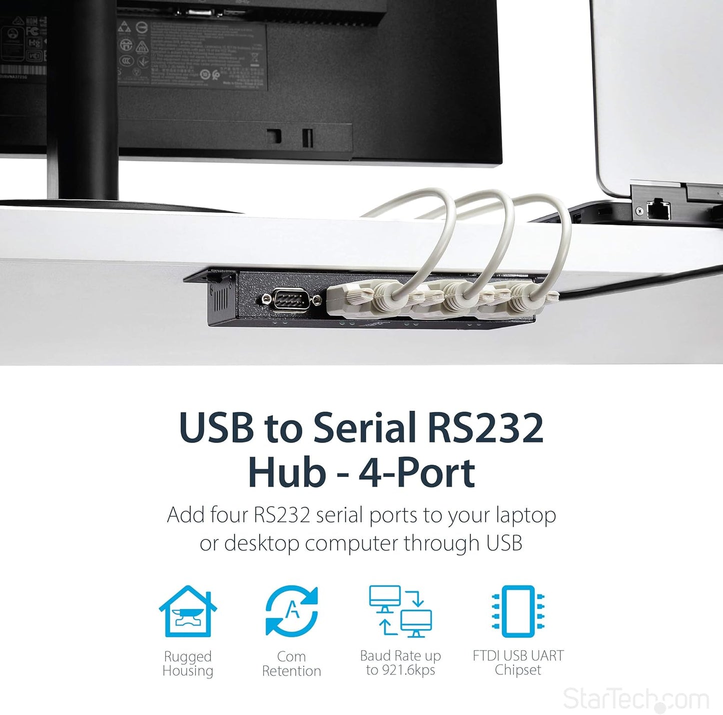 StarTech.com USB to DB9 RS232 4 Port Serial Adapter Hub - Industrial and Wall Mountable DIN Rails - COM Port Retention - USB to DB9 RS232 Hub (ICUSB2324I)