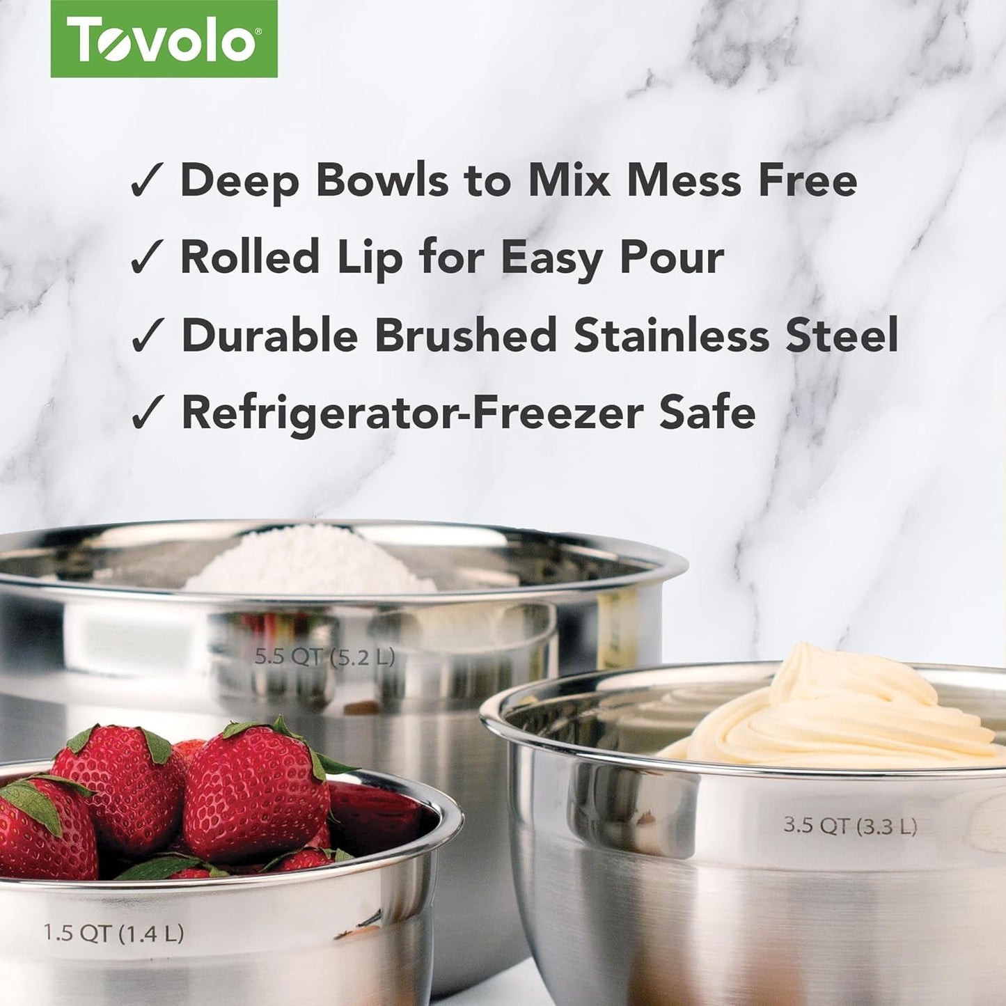 Tovolo Stainless Steel Mixing Bowl (5.5 Quart) - Kitchen & Home Essential for Food Storage, Serving, Salad, Food Prep, Baking, & Cooking/Dishwasher Safe