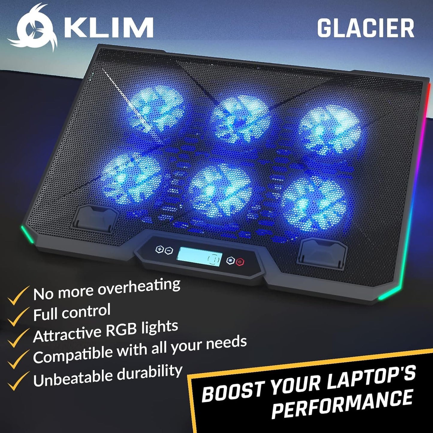 KLIM Glacier RGB Laptop Cooling Pad - 6 Fans Gaming Cooler - Stable Stand With Fan - Compatible up to 17" - 5 Year Warranty - PC Mac PS5 PS4 Xbox One