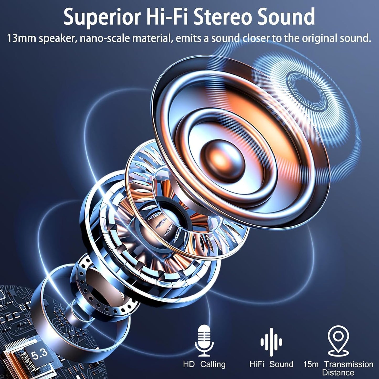Wireless Earbuds, Bluetooth Ear Buds 5.3 Mini HiFi Stereo with 4 ENC Noise Cancelling Mics Wireless Headphones, in Ear Earphones 48H IP7 Waterproof, LED, USB C, Bluetooth Earbuds for Sports, Workout