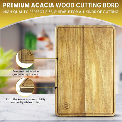 12x18 Organic Acacia Wooden Kitchen Cutting Boards, Large Premium Chopping Board, Juice Groove Hand Carved, Serving, Food-Prep, Meat, Veggies, Cheese and Bread. Natural Wood, Charcuterie Board.