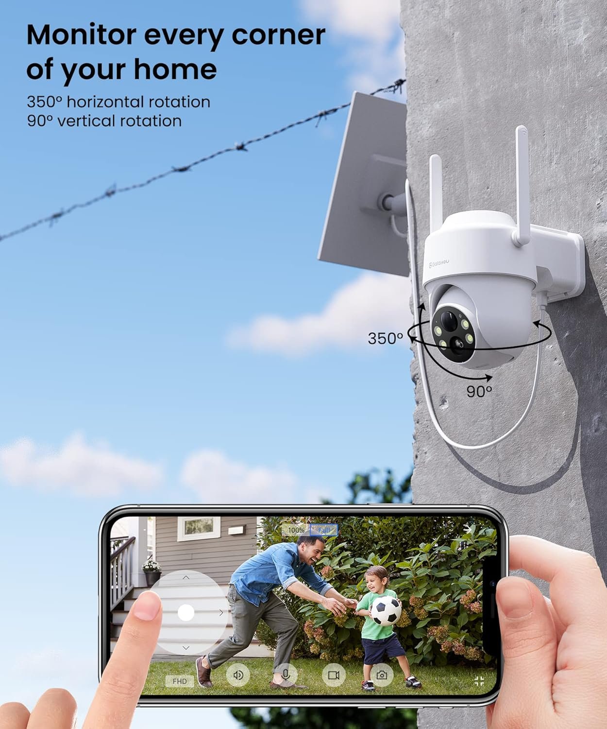 GALAYOU Solar Security Camera WiFi Wireless Outdoor, 360Â° PTZ Battery Powered Camera for Home with Color Night Vision, PIR Alert, 2-Way Audio, Compatible with Alexa/Google Home, R1