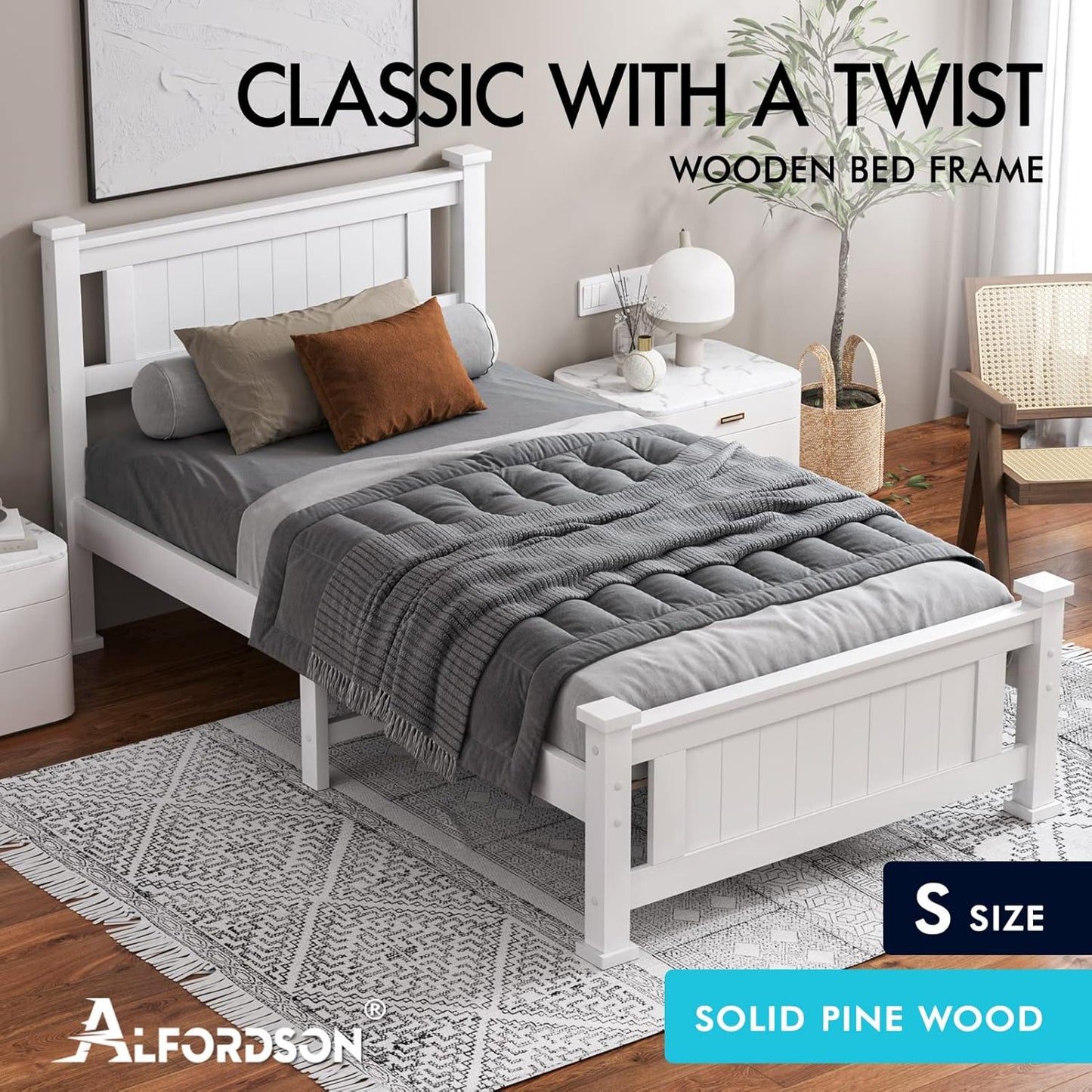 ALFORDSON Bed Frame Single Size Wooden Bed Base with Solid Wood Pine Timber Slats, Mattress Base Platform Support, White Bed Foundation with Storage Space, Arne Series Home Bedroom Furniture