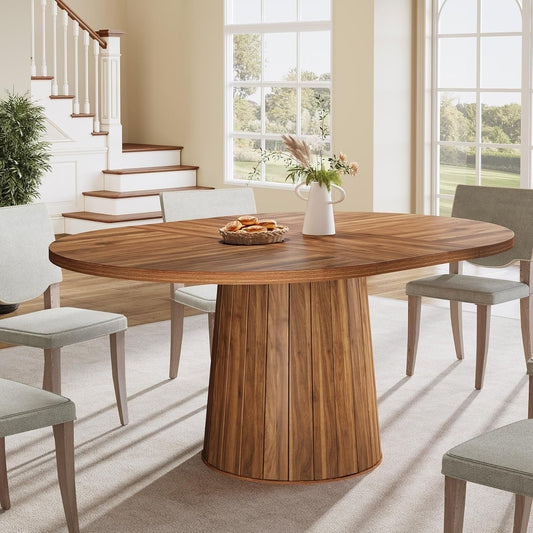 Tribesigns Oval Dining Table for 6 People, 55.11-Inch Farmhouse Kitchen Dinner Table with Cylindrical Pedestal (Brown)