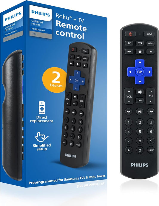 Universal Remote Control by Philips, Roku Replacement Remote, Compatible with Samsung, Smart TVs, 2 Device, Black, SRP6320R/27