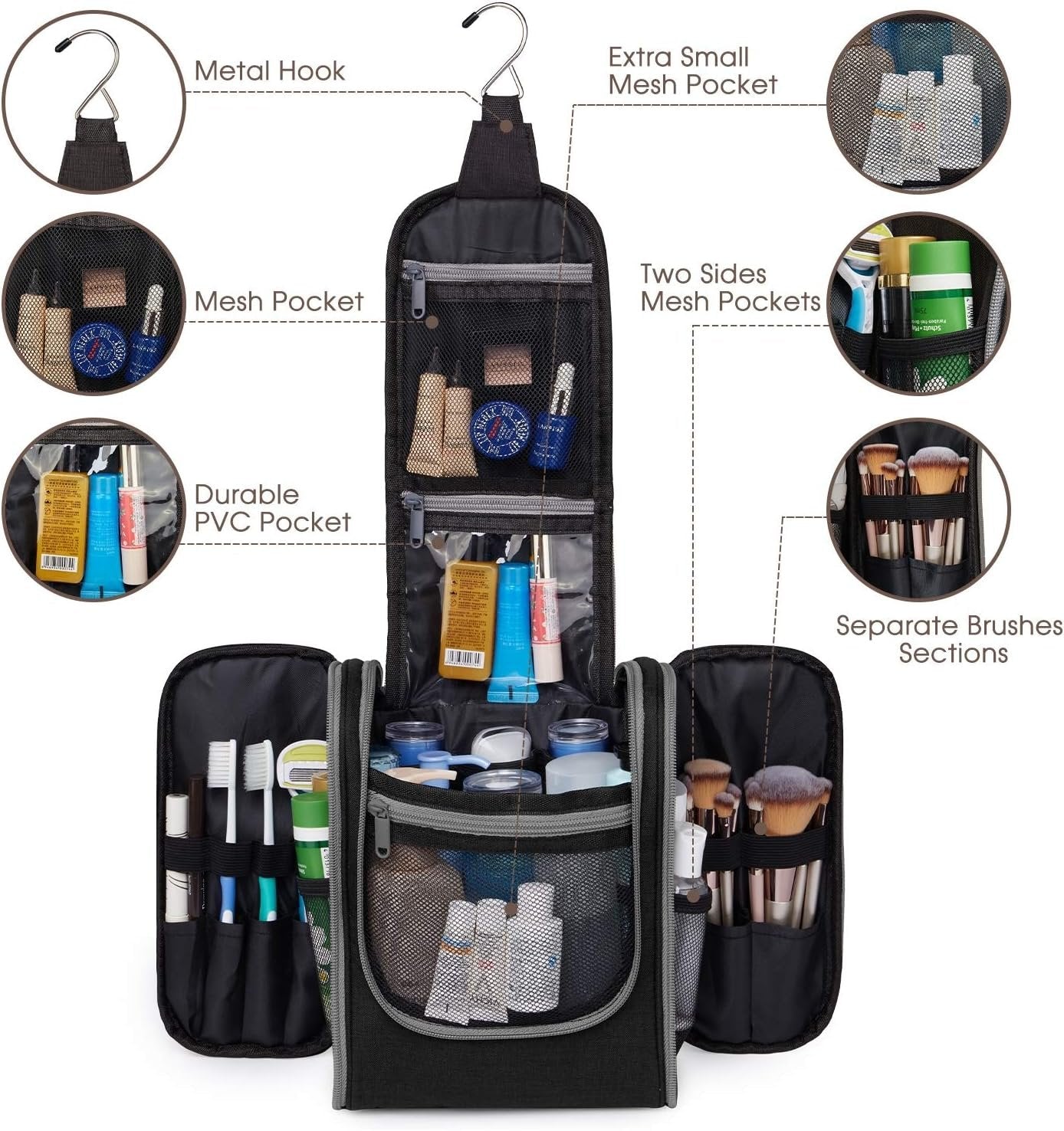 Narwey Hanging Travel Toiletry Bag Cosmetic Make up Organizer for Women and Men (Medium, Black)