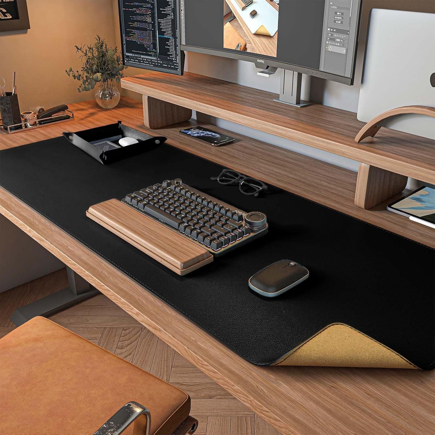 DAWNTREES Dual Sided Desk Mat,40"x16",PU Leather & Cork Desk Pad Protector,Large Mouse Pad and Keyboard Mat,Desk Writing Pad for Office and Home,with Valet Tray Organizer