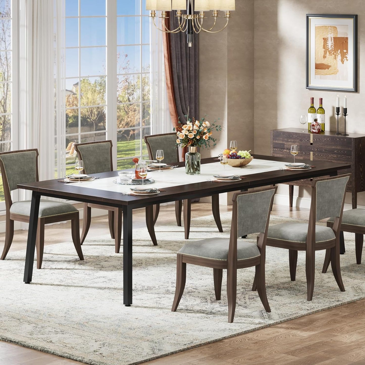 Tribesigns 200cm Dining Table for 8-10 People, Modern Large Kitchen Table Dining Room Table for Living Room, Kitchen, Rectangular Dinner Table with Metal Frame, Dark Brown and White