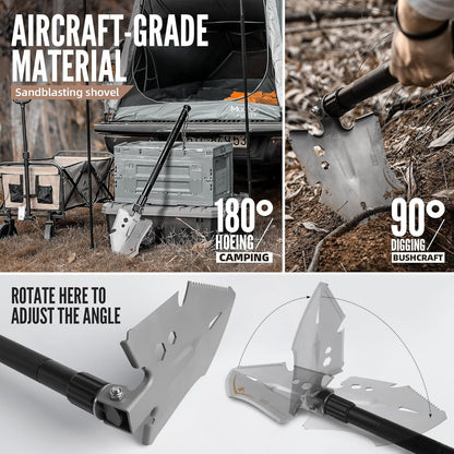 Zune Lotoo Survival Shovel Multitool, 18 in 1 Military Folding Camping Shovel, Foldable Shovel Tactical Spade for Hiking Backpack Car Entrenching Emergency Gear Camping Tools Survival Kits