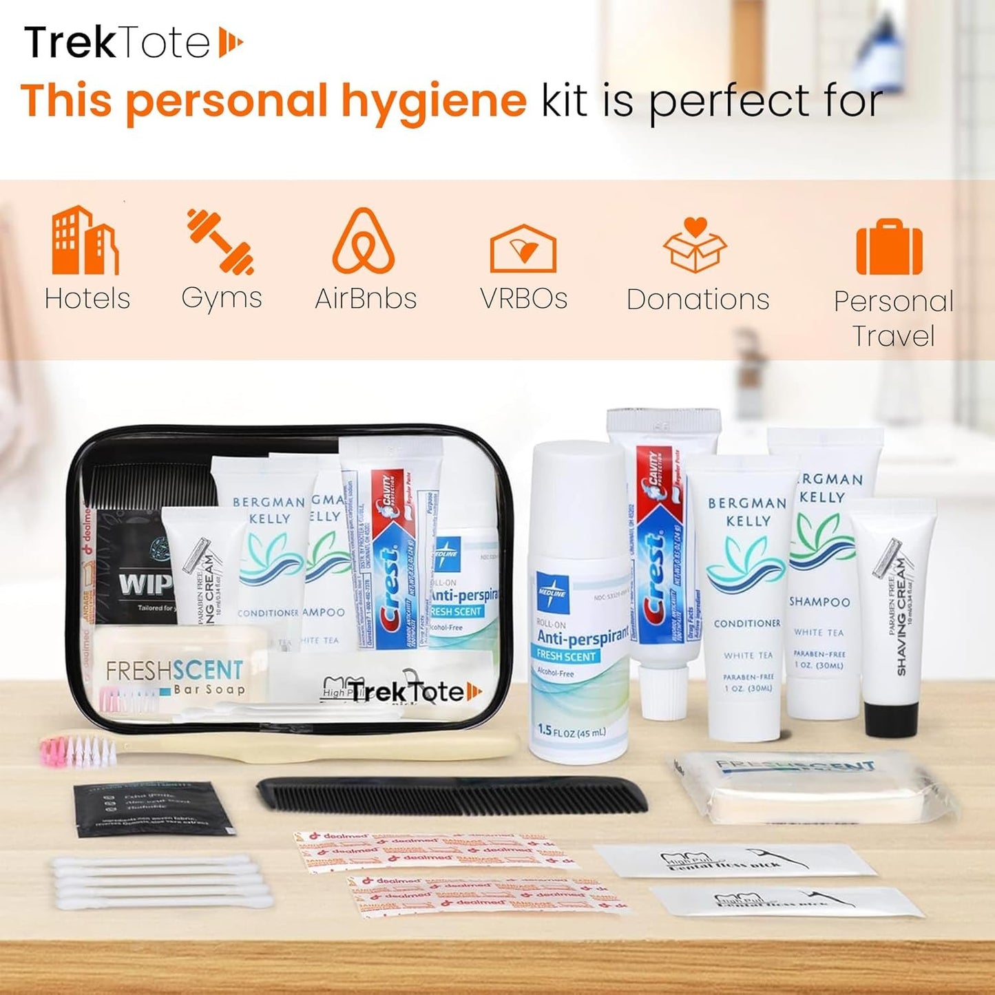 TrekTote 15-Piece Travel Toiletry Personal Care Travel Hygiene Essentials Bag with Unisex Toiletries TSA-Approved Travel Size Kit for Men and Women
