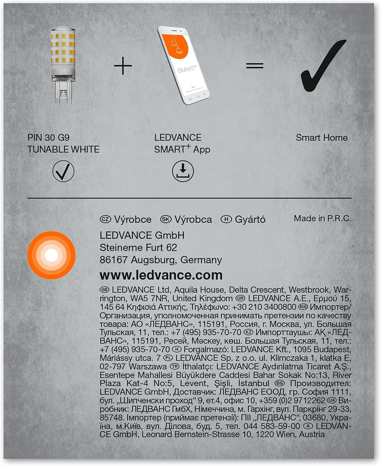 LEDVANCE Smart+ WiFi Special Pin CL 30 LED Lamp with Retrofit Plug Socket G9, 3.5 W, 320 lm, 2700 K to 6500 K, White Light Function, Dimmable, Long Life, Easy Installation, App Controllable