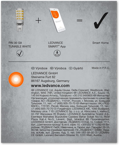 LEDVANCE Smart+ WiFi Special Pin CL 30 LED Lamp with Retrofit Plug Socket G9, 3.5 W, 320 lm, 2700 K to 6500 K, White Light Function, Dimmable, Long Life, Easy Installation, App Controllable