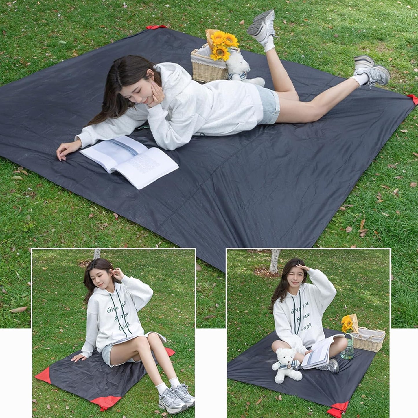 TRIWONDER Pocket Blanket Picnic Beach Mat Waterproof Outdoor Blanket Handy Mat for Travel, Camping, Hiking, Park (Black, L - 150x180cm)