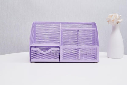 Annova Mesh Desk Organizer Office with 7 Compartments + Drawer/Desk Tidy Candy/Pen Holder/Multifunctional Organizer (light purple)