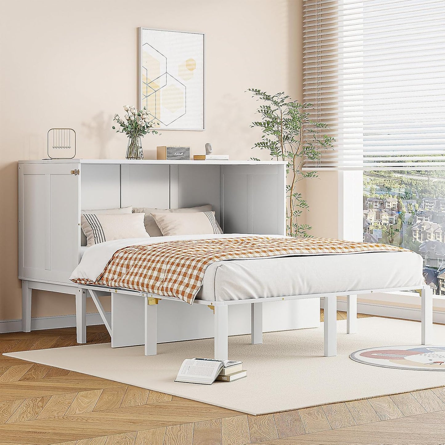 Billg Folding Double Bed 140 x 200 cm, Multifunctional Wall Bed 2 in 1, Modern Wardrobe Bed, Fold-Out Bed with Shelves and Slatted Base, Load 180 kg, Without Mattress