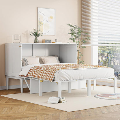 Billg Folding Double Bed 140 x 200 cm, Multifunctional Wall Bed 2 in 1, Modern Wardrobe Bed, Fold-Out Bed with Shelves and Slatted Base, Load 180 kg, Without Mattress