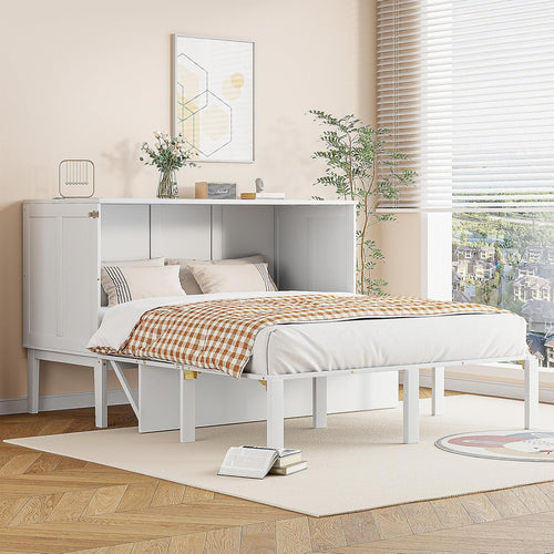 Billg Folding Double Bed 140 x 200 cm, Multifunctional Wall Bed 2 in 1, Modern Wardrobe Bed, Fold-Out Bed with Shelves and Slatted Base, Load 180 kg, Without Mattress