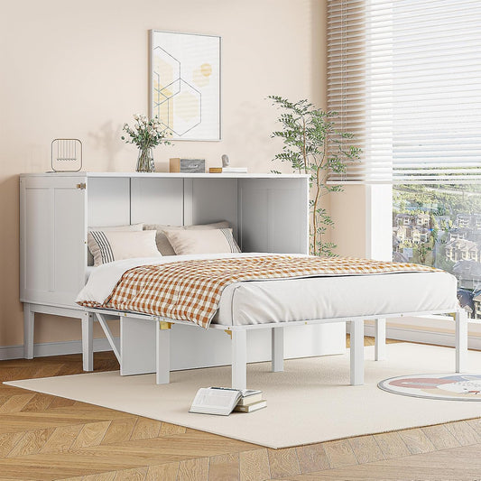 Billg Folding Double Bed 140 x 200 cm, Multifunctional Wall Bed 2 in 1, Modern Wardrobe Bed, Fold-Out Bed with Shelves and Slatted Base, Load 180 kg, Without Mattress