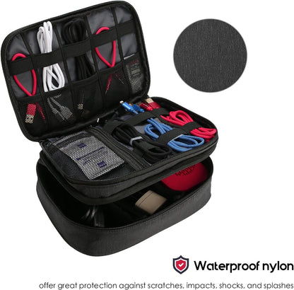 ProCase Electronics Travel Organizer Storage Bag, Double Layer Universal Traveling Gear Accessories Carrying Case Pouch for iPad Mini Cables Phone Chargers Adapter Flash Hard Drive and More â€“Black