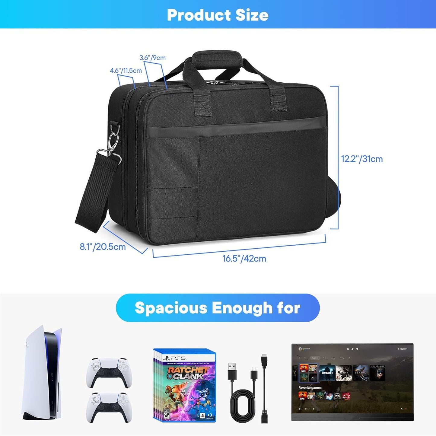 CURMIO Game Console Carrying Case Compatible with PS5/ PS5 Slim/ PS4 Game Console, Travel Console Storage Bag Case with Multiple Pockets for Laptop (Up to 15.6''), Controller, Gaming Accessories