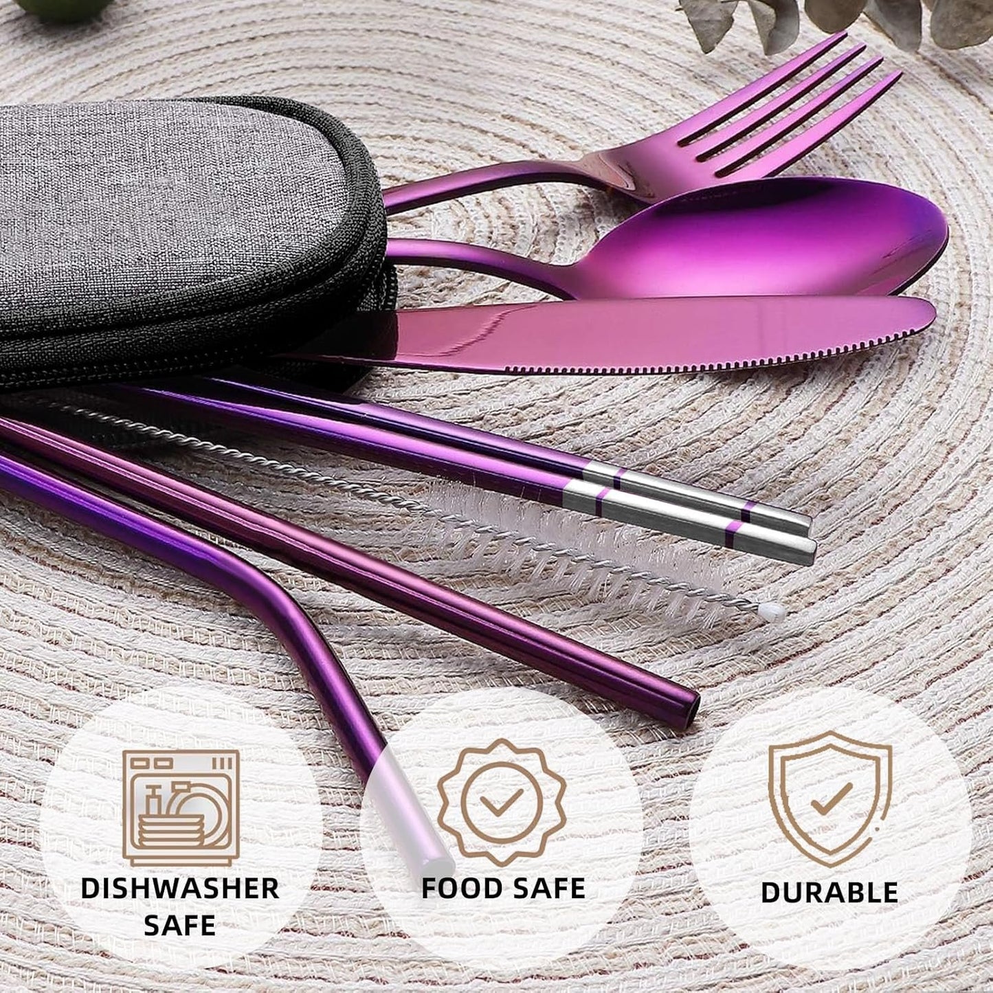 Flatware Set - Travel Camping Cutlery Set - 304 Stainless Steel Portable Utensils Including Case for Lunch School Camping Office (Straw+Straight Straw+Knife+Fork+Spoon+Chopsticks+Cleaning Brush)Purple