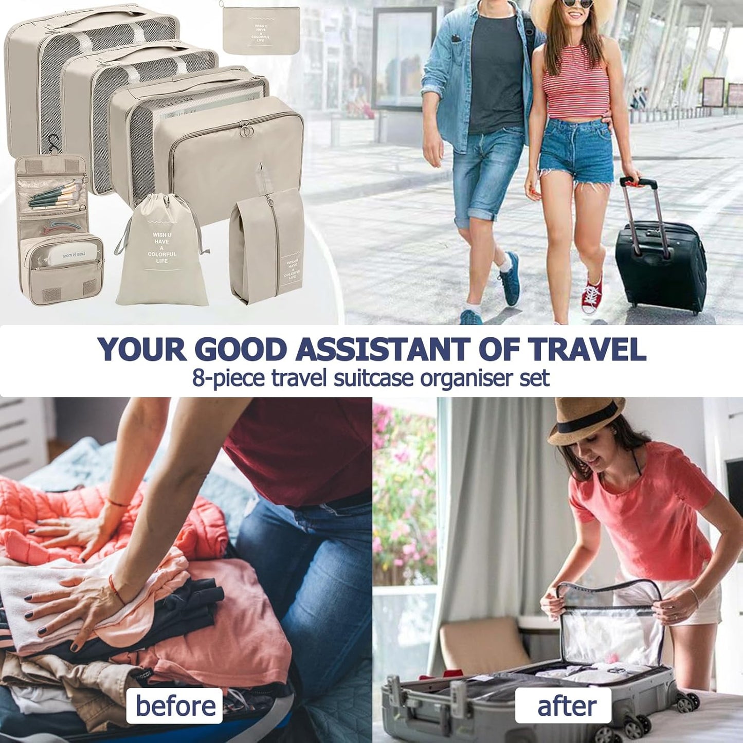 Suitcase Organizer, 11 Pieces Waterproof Packing Cube Set, Separators Bags Travel Travel Organizer with 3 Liquid Travel Containers, for Clothing Underwear Footwear Sacks – Beige