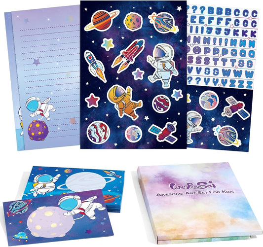 WERNNSAI Kids Stationery Set - 72PCS Boys Stationery Set Teens Universe Letter Writing Kit Aerospace Letter Paper Set Stationery Writing Sheets with Envelopes School Space Gift Set