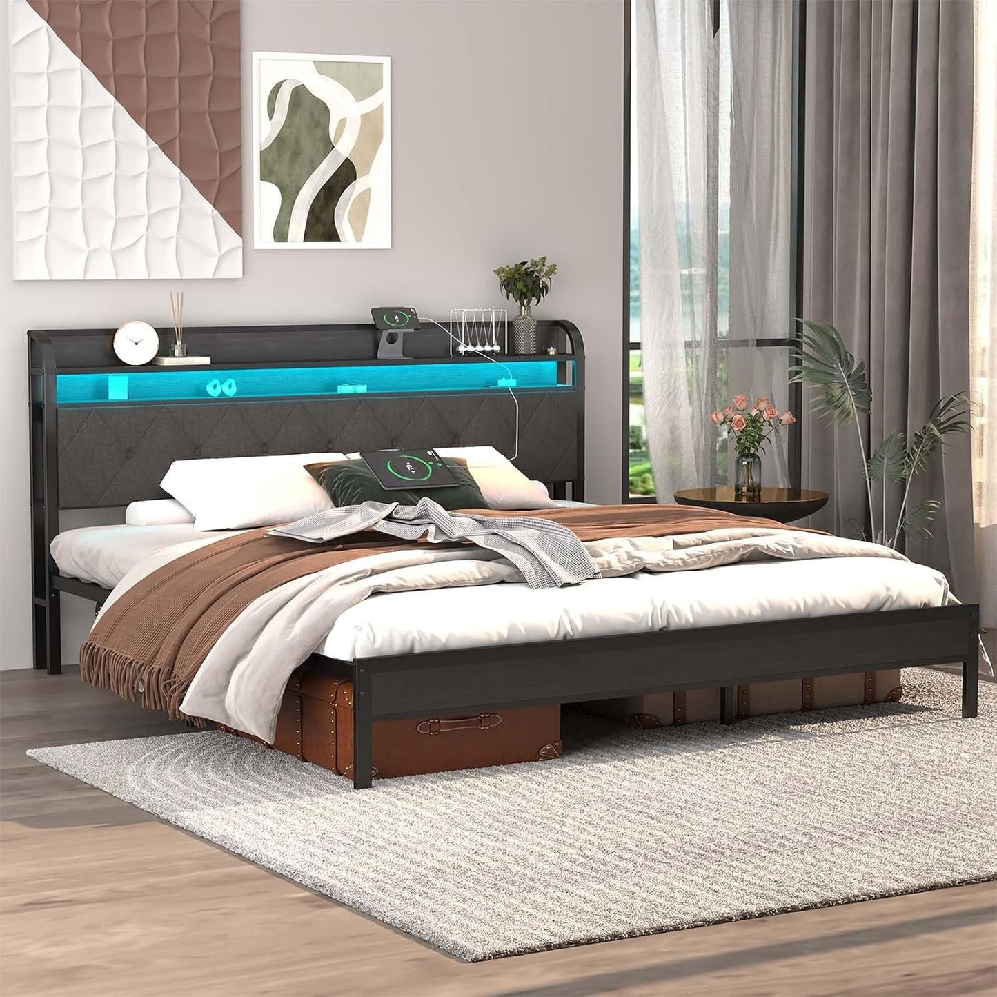 Bed Frame with Charging Station and LED Lights King Size,Upholstered Headboard with Storage Shelves(Dark Grey) Noise Free，Easy Assembly，No Box Spring Needed，Sturdy，Black+Rustic+ Brown