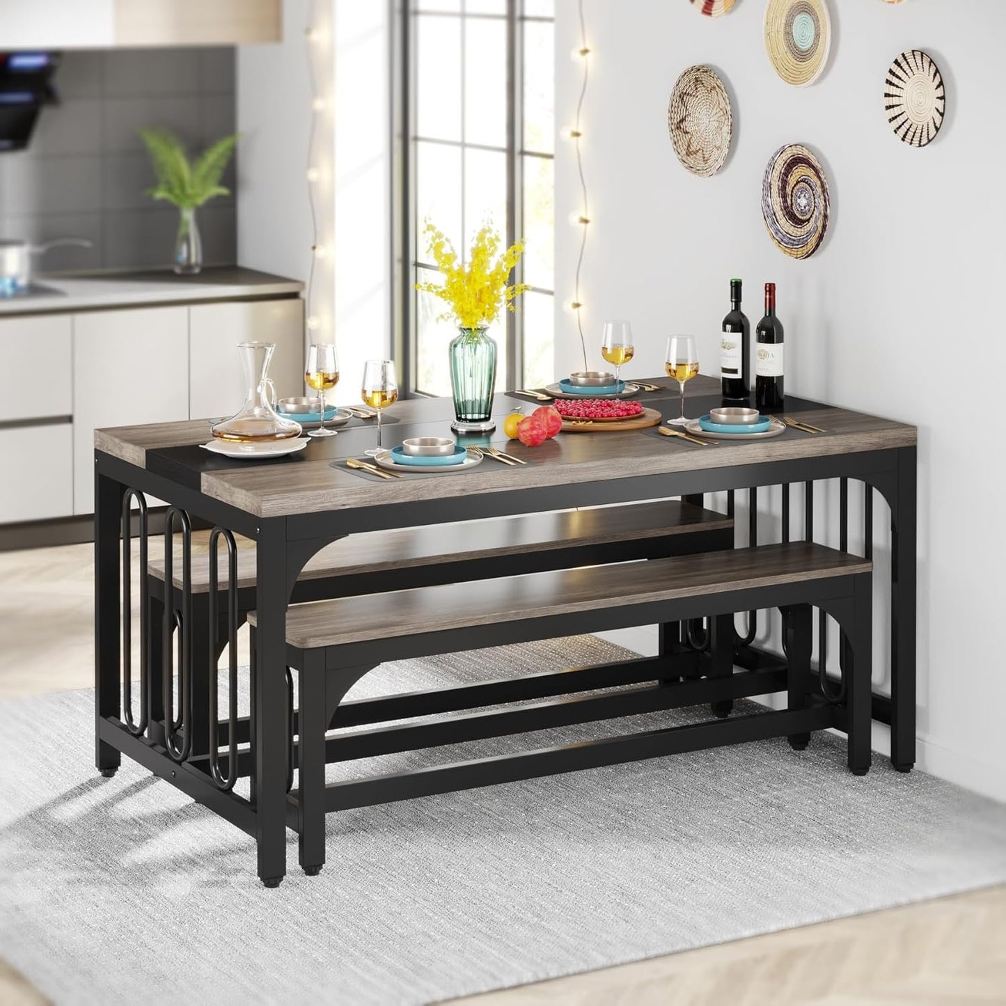 Tribesigns Dining Table with 2 Benches for Living Room, Kitchen, Grey