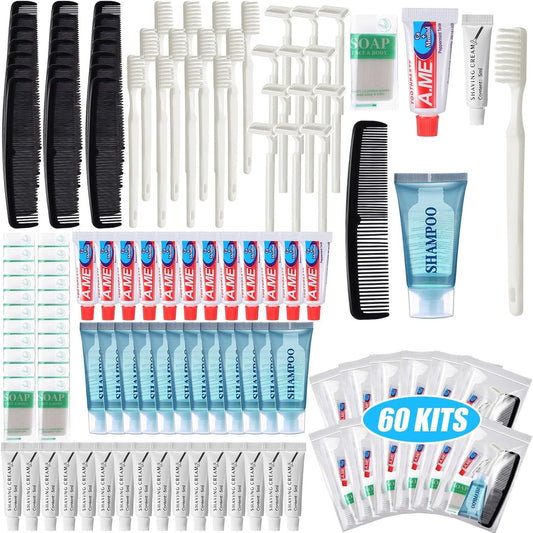 Ziliny 60 Set Travel Convenience Toiletry Kit Bulk Basic Toiletry Kits Travel Size Homeless Personal Hygiene Kit Homeless Care Package Supplies with Reusable Toiletry Bag for Men Charity