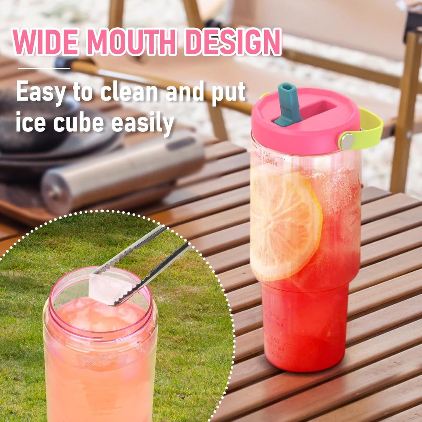 Luxgola 50 oz Tritan Plastic Tumbler with Flip Straw Lid and Top Handle, Reusable Clear Water Bottle with Time Marker, 100% Leak Proof, Fits in Car Cup Holder, BPA-Free Iced Coffee Cup - Rose Red