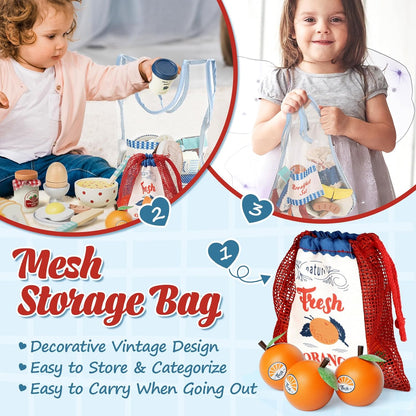 Lehoo Castle Play Food, Pretend Wooden Role Play Food Set, Play Kitchen Toy, Toddler Toys Cutting Fruit Breakfast, Kitchen Accessories Cutting Food Toys for Kids Ages 3+