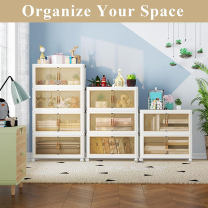 Storage Bins with Lids, 90 Gal/360 Qt Capacity, 3 Pack Large Stackable Storage Bins with Lids, White Collapsible Storage Bins with Wheels, Foldable, Customizable, for Home Office Organization