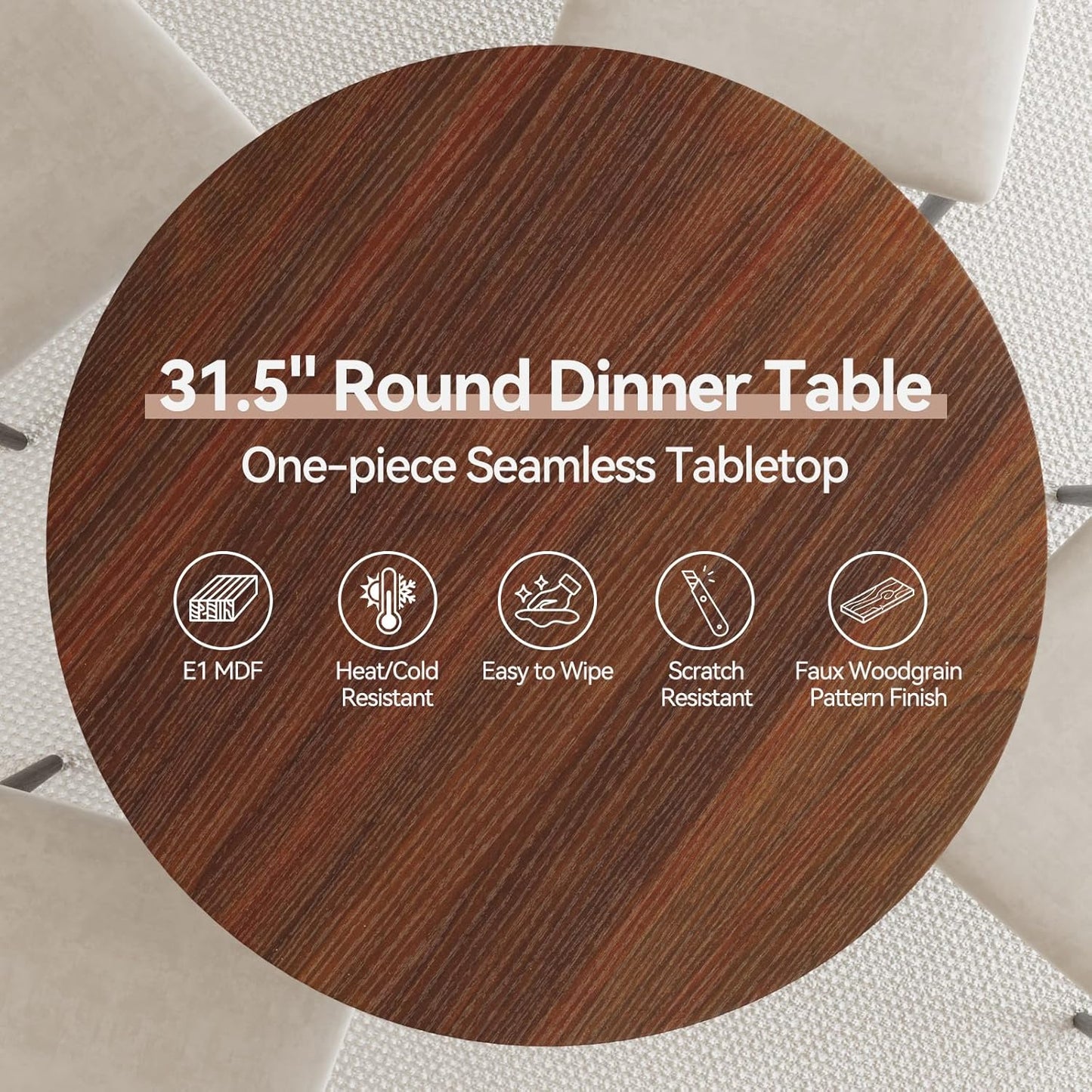 Dining Table Round for 2 Persons, 31.5 Inch Round Table with Metal Pedestal, Seamless Tabletop with Faux Woodgrain, 2 Sliding Doors, 4 Hidden Compartments, for Small Spaces, Apartments, Cafes, Walnut