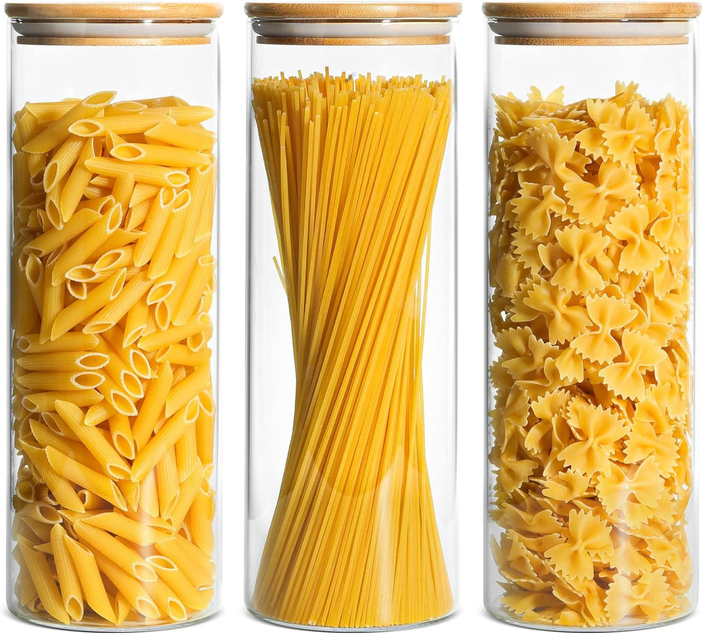 ComSaf 70oz Glass Spaghetti Pasta Storage Container with Bamboo Lids 2050ml Set of 3, Round Tall Clear Airtight Food Storage Jar, Kitchen Pantry Storage Container for Noodles Cereal Coffee Beans