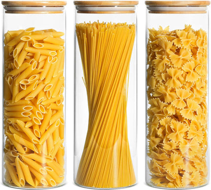 ComSaf 70oz Glass Spaghetti Pasta Storage Container with Bamboo Lids 2050ml Set of 3, Round Tall Clear Airtight Food Storage Jar, Kitchen Pantry Storage Container for Noodles Cereal Coffee Beans