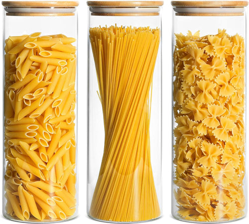 ComSaf 70oz Glass Spaghetti Pasta Storage Container with Bamboo Lids 2050ml Set of 3, Round Tall Clear Airtight Food Storage Jar, Kitchen Pantry Storage Container for Noodles Cereal Coffee Beans